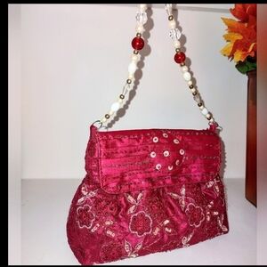 World Finds Beaded Red Satin Handbag Handmade